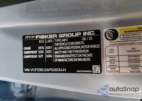 2023 Fisker Ocean One from USA, damaged, VIN VCF1ZBU26PG003441